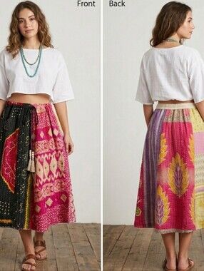 Upcycled Kantha Quilt Midi Skirt One Sz Handmade Dont Throw It Out
